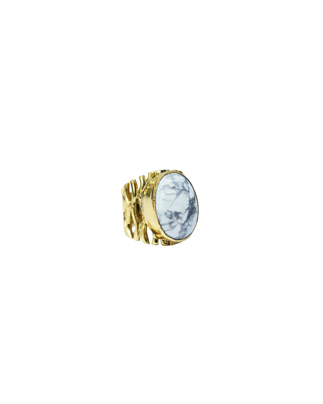 White Howlite  With Bamboo Gold Brass Ring