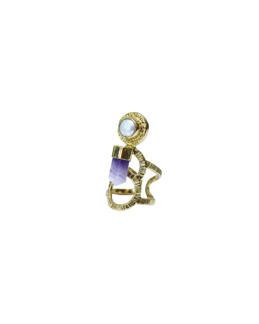 Infinity Fresh Water Pearl & Amethyst Pointy With Gold Brass Ring