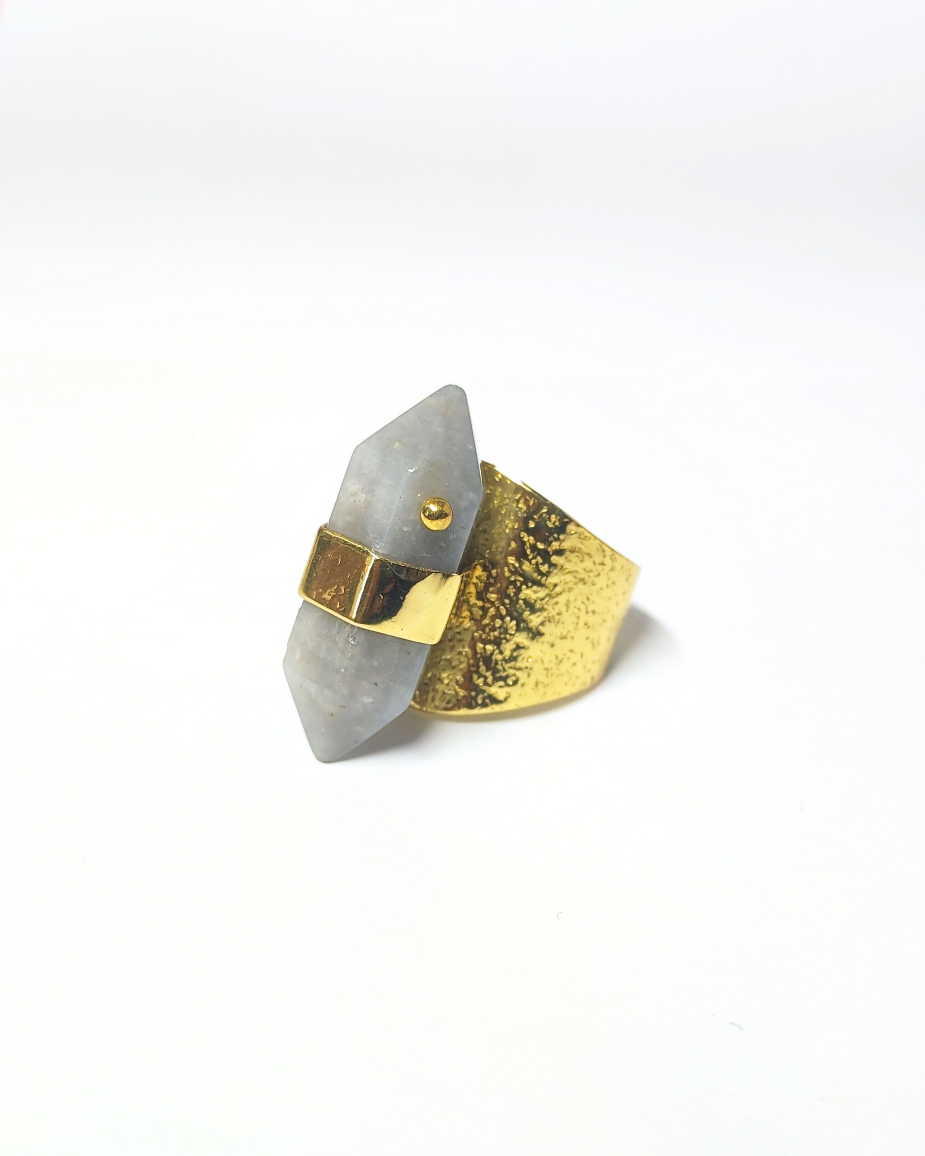 Pointy Grey Moonstone Hammered Thick Gold Brass Ring
