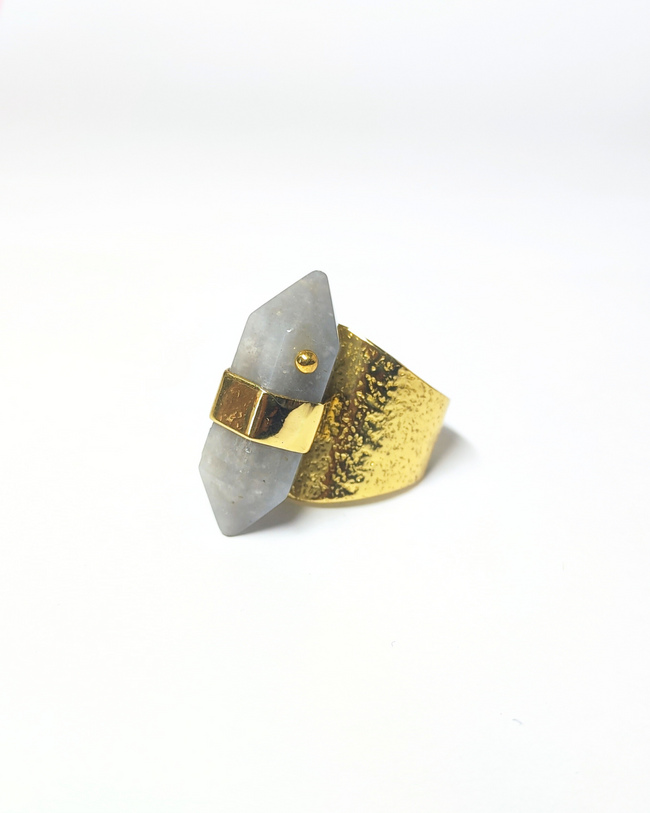 Pointy Grey Moonstone Hammered Thick Gold Brass Ring