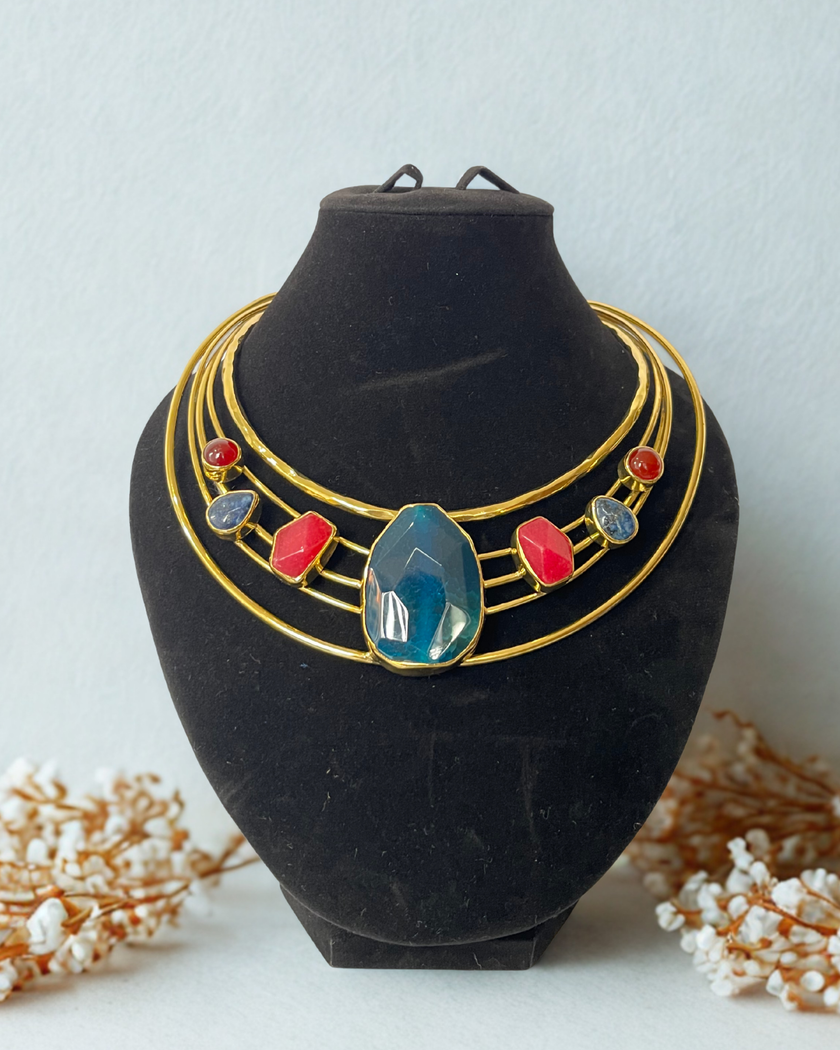 Seven Gemstone Brown Agate, Labradorite, Blue Agate, Pink Agate Multy Layer Choker