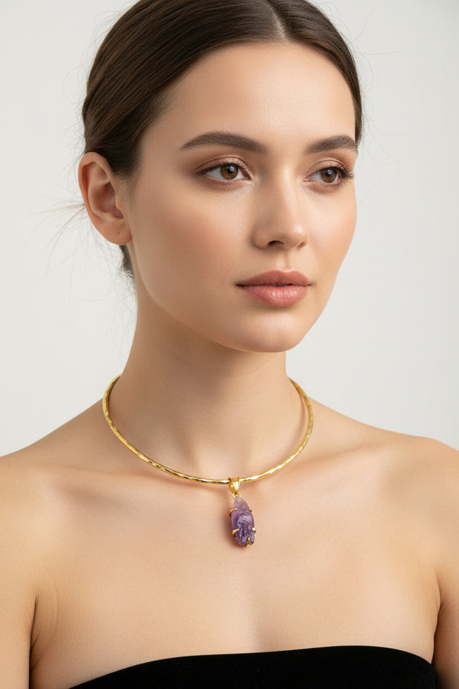 Amethys Simple Pendat with Brass Gold Necklace