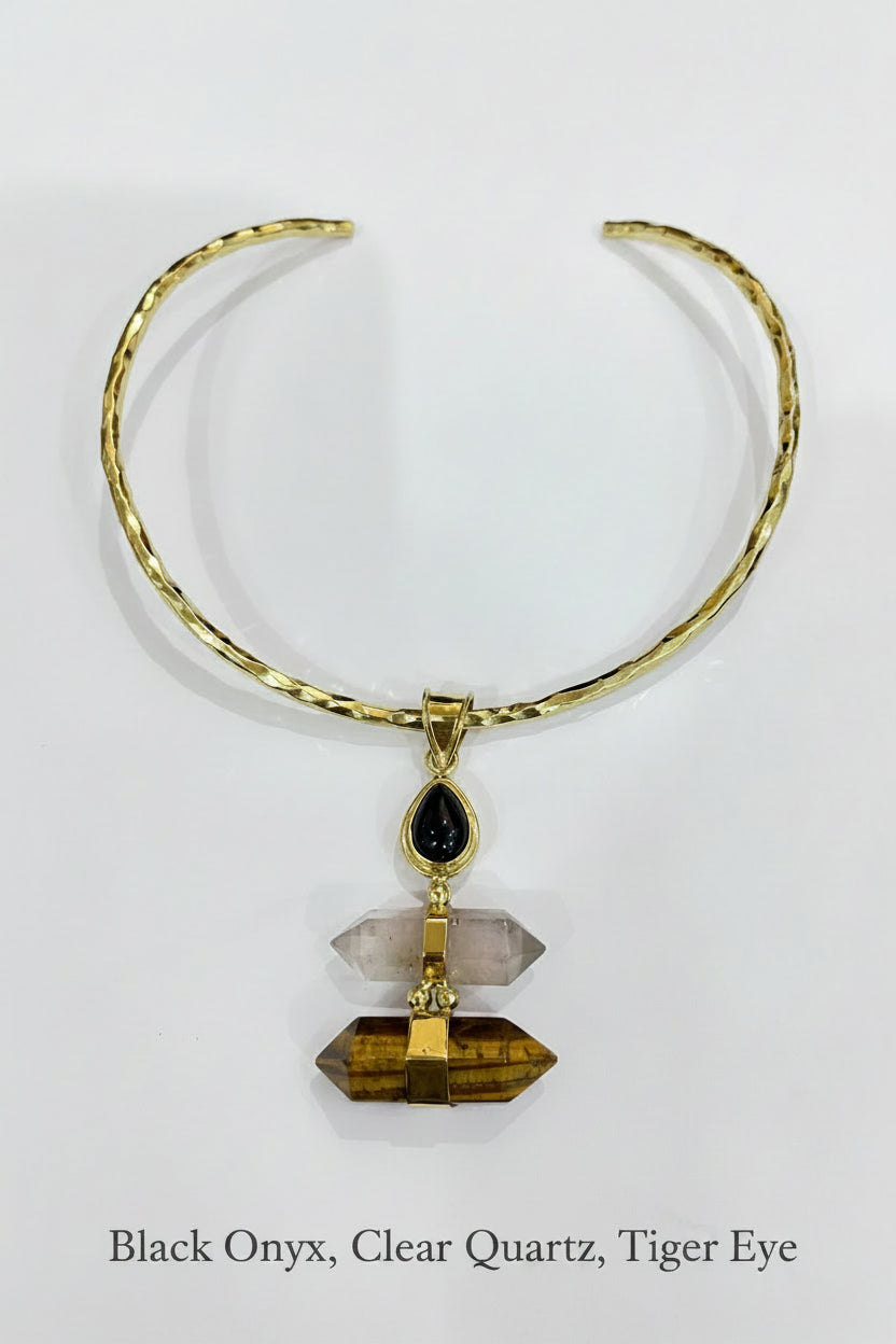 Breath 3 Gemstone Assorted Pendant with Brass Gold Necklace