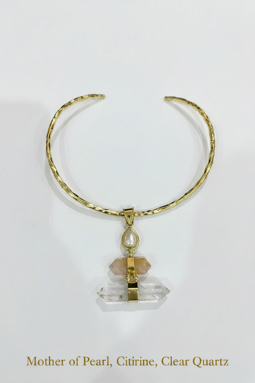 Breath 3 Gemstone Assorted Pendant with Brass Gold Necklace