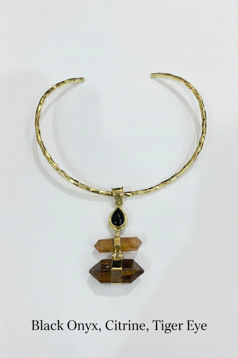 Breath 3 Gemstone Assorted Pendant with Brass Gold Necklace
