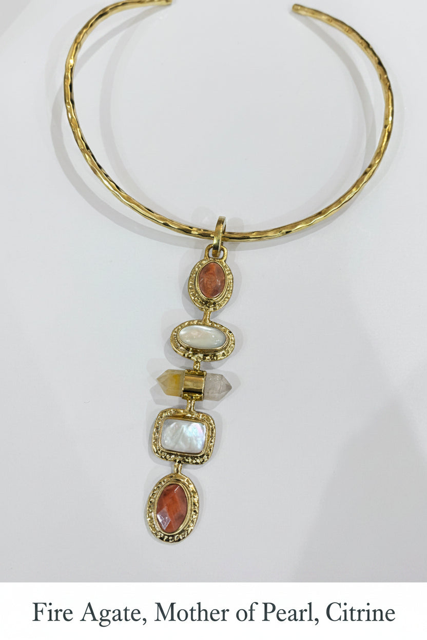 5 Stone Pendant With Gold Brass Necklace