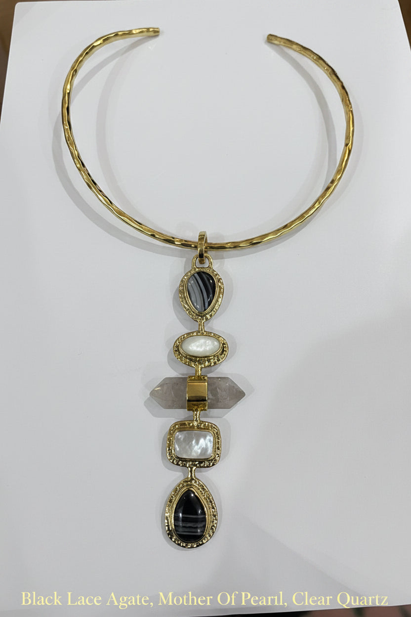 5 Stone Pendant With Gold Brass Necklace