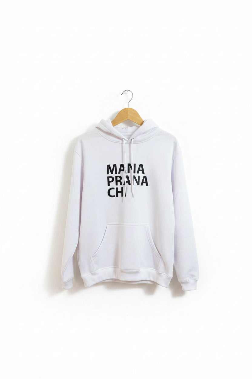 White hoodie with 'Mania Prana Ch' text on a hanger against a white wall.