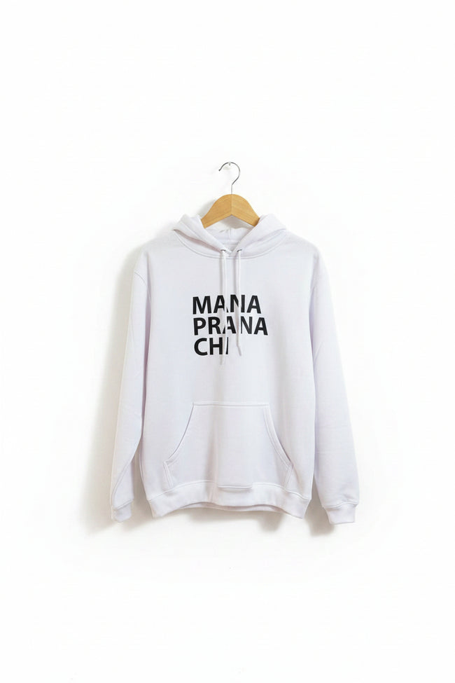 White hoodie with 'Mania Prana Ch' text on a hanger against a white wall.