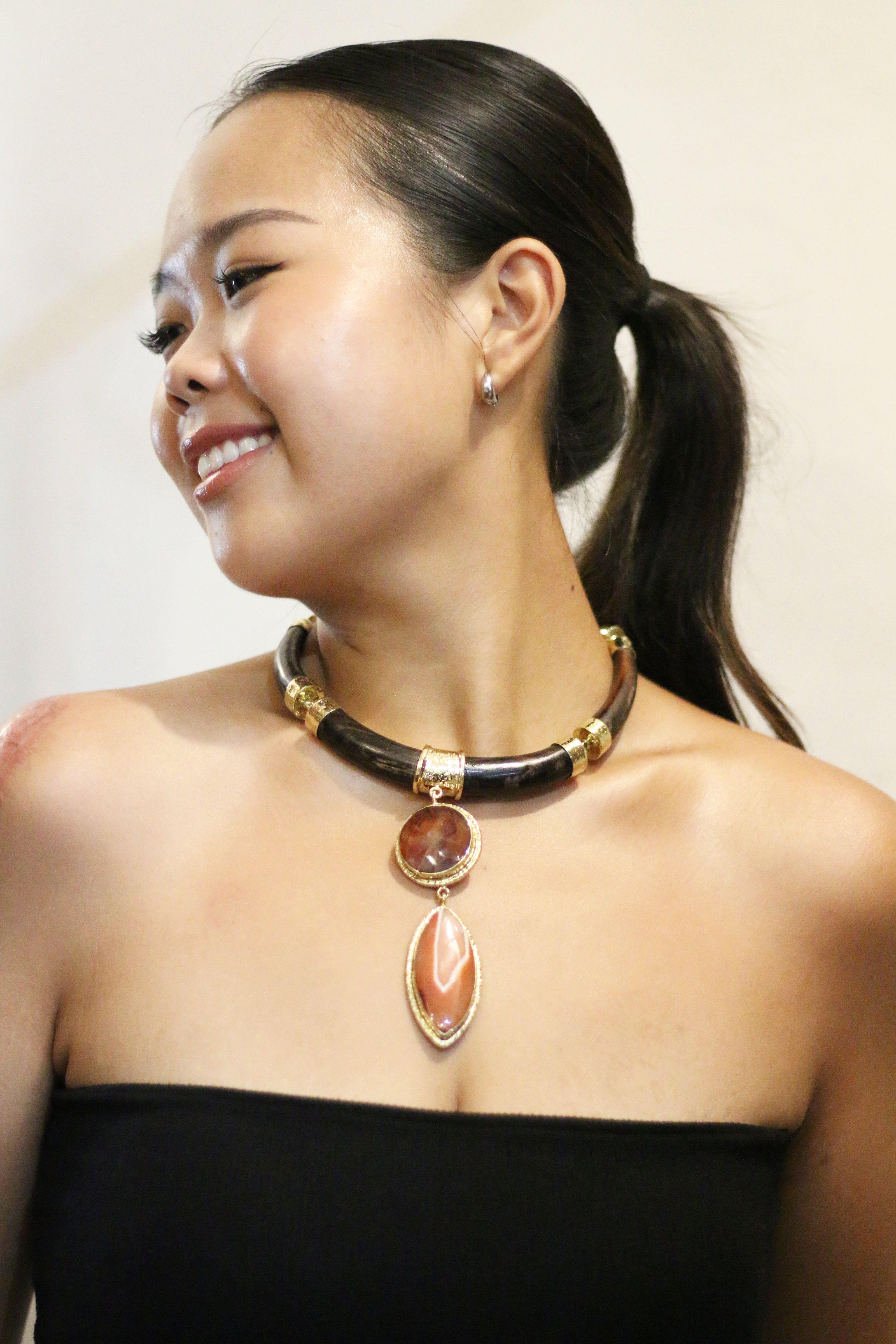 Sacred Balinese Ebony Wood with Brown agate & Brown agate druzy Gold Brass Necklace