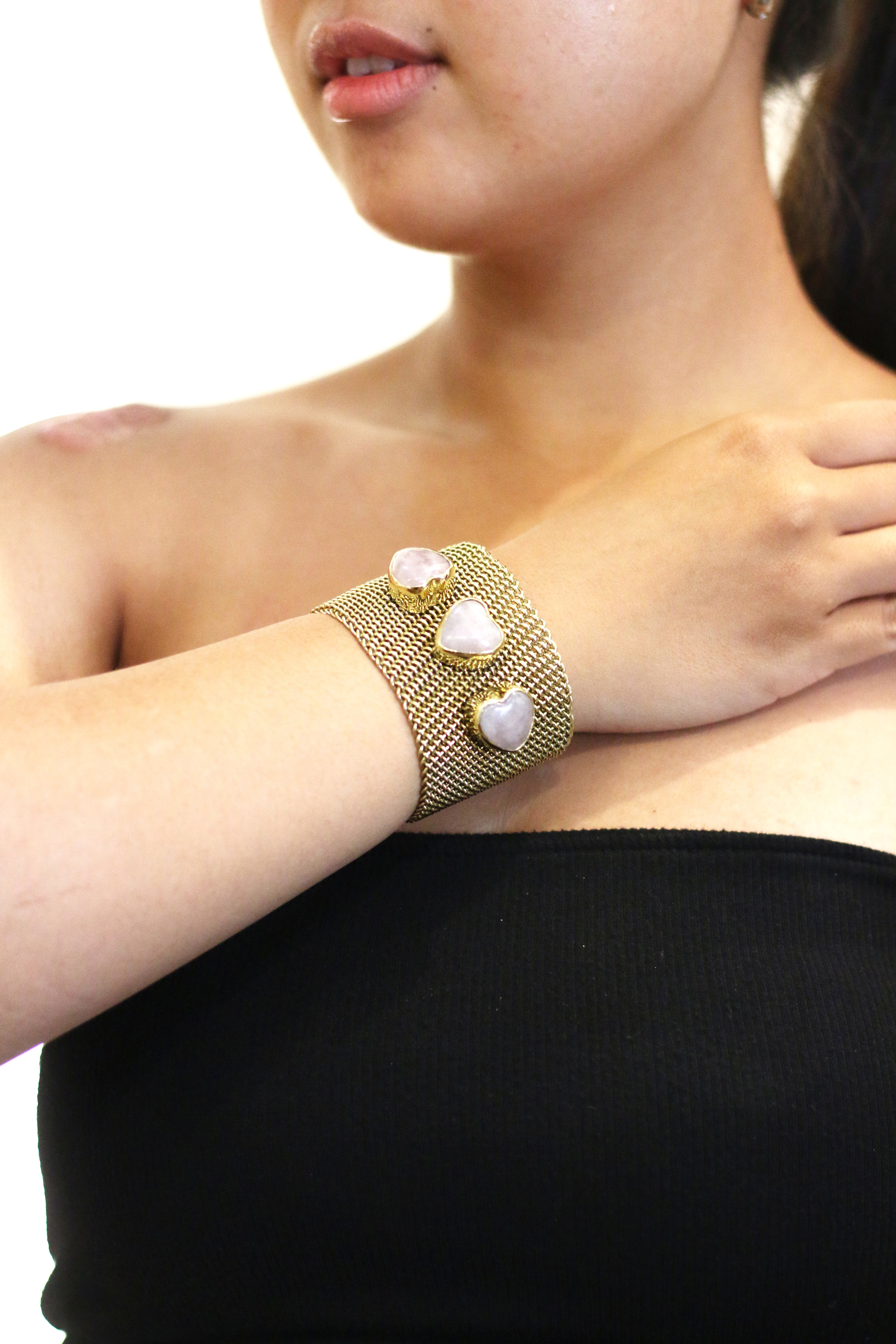 Three Hearts Rose Quartz With Gold Brass Bangle