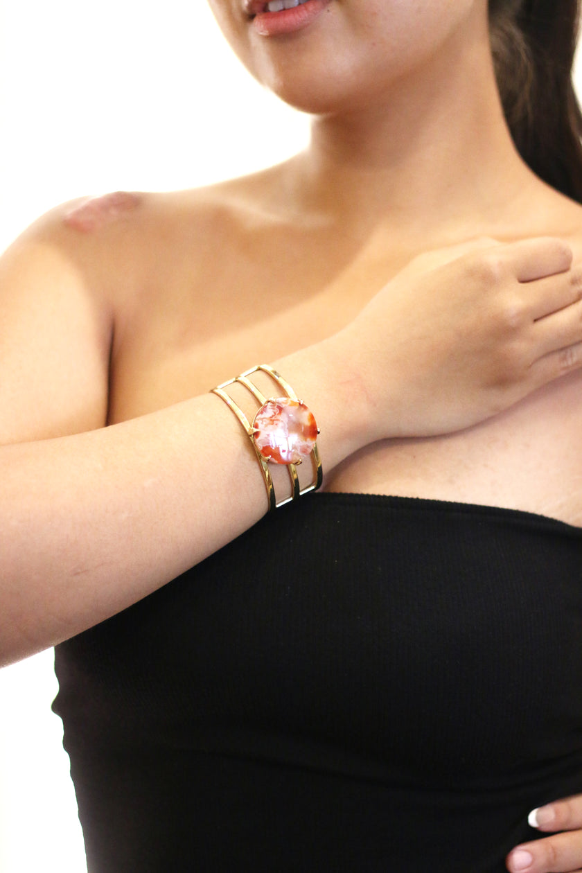 Brown Lace Agate With Gold  Brass Bangle / Cuff