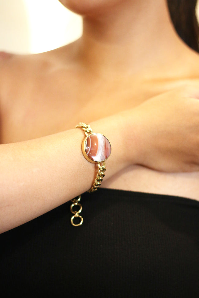 Brown Lace Agate Gold Brass Chain Bracelet