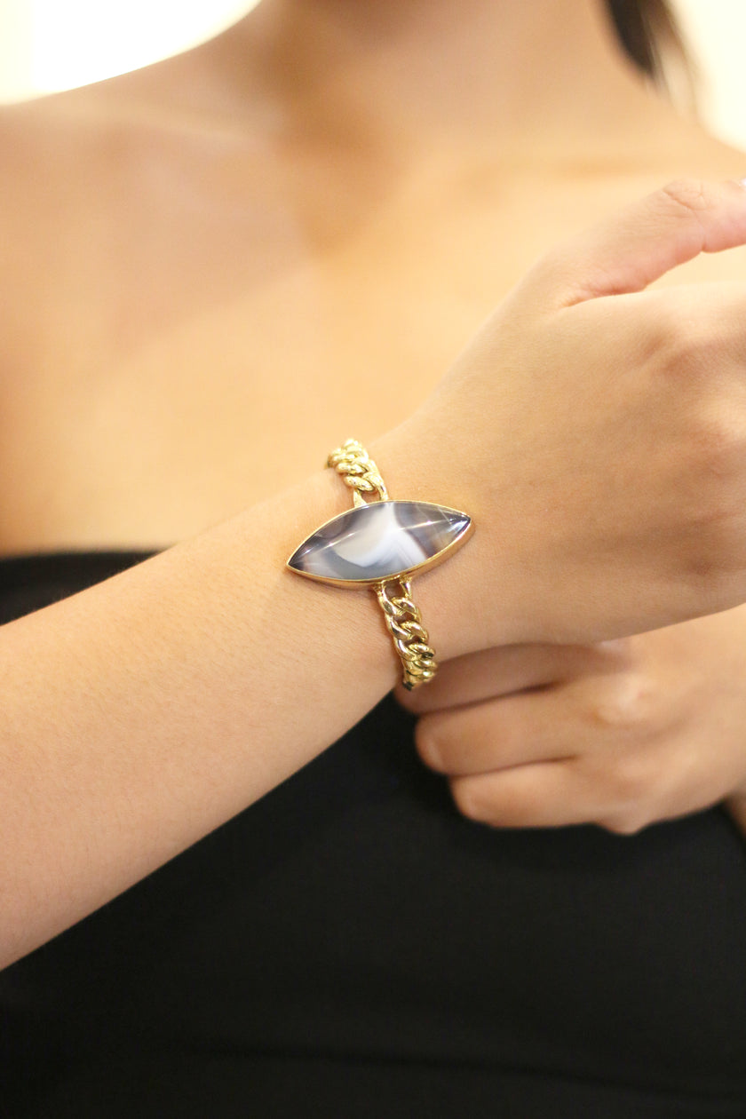 Black Lace Agate with Gold Brass Chain Bracelet