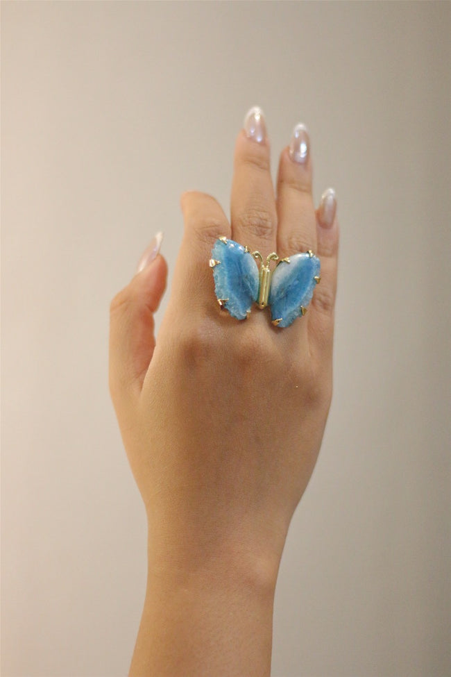 Blue Agate Butterfly Gold Brass Ring