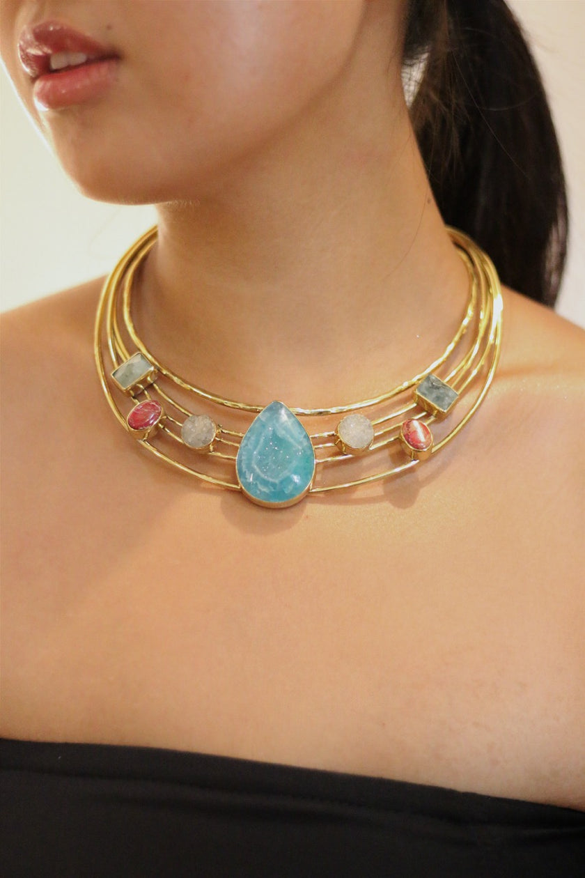 7 Gemstone Brass Choker Necklace with Prehnite, Red Jasper, Natural Druzy Quartz, And Blue Agate Druzy