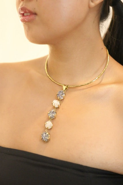 Five Stone Kundalini Titanium Druzy & Natural Druzy Quartz With Gold Brass Necklace
