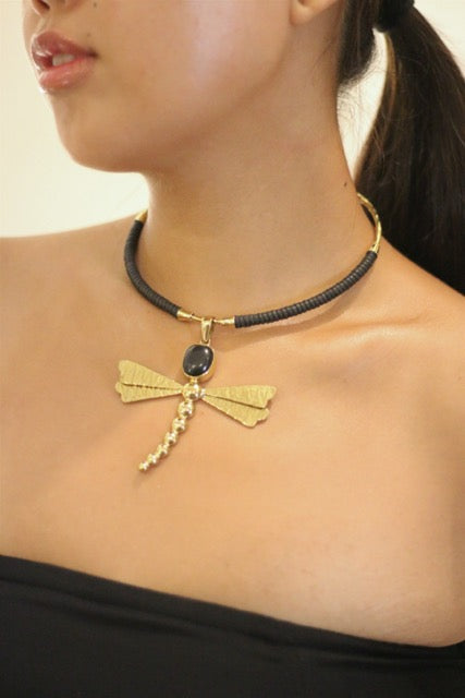 Dragonfly Black Agate With Gold Brass Necklace