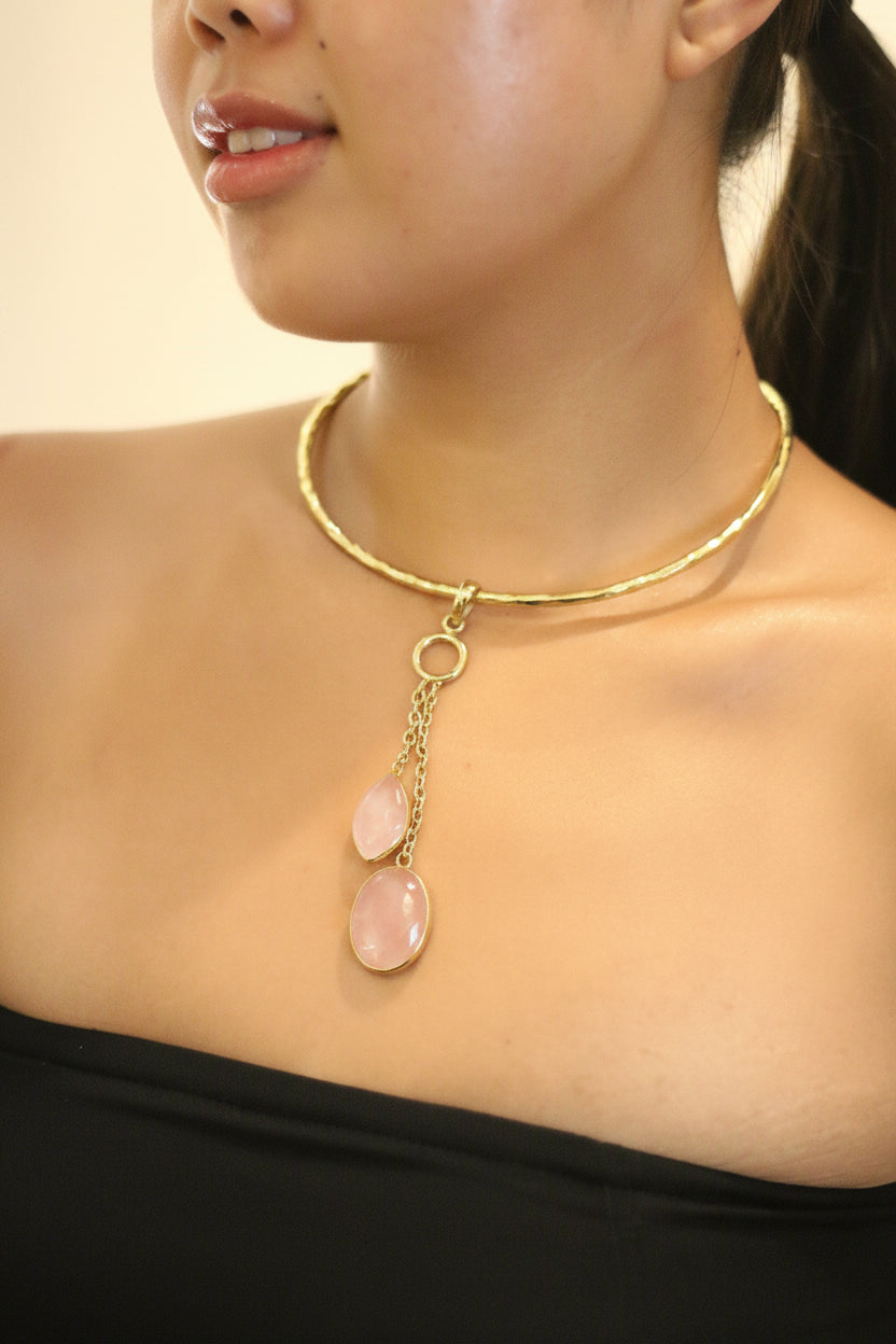 Teardrop 2 Rose Quartz With Brass Gold Necklace