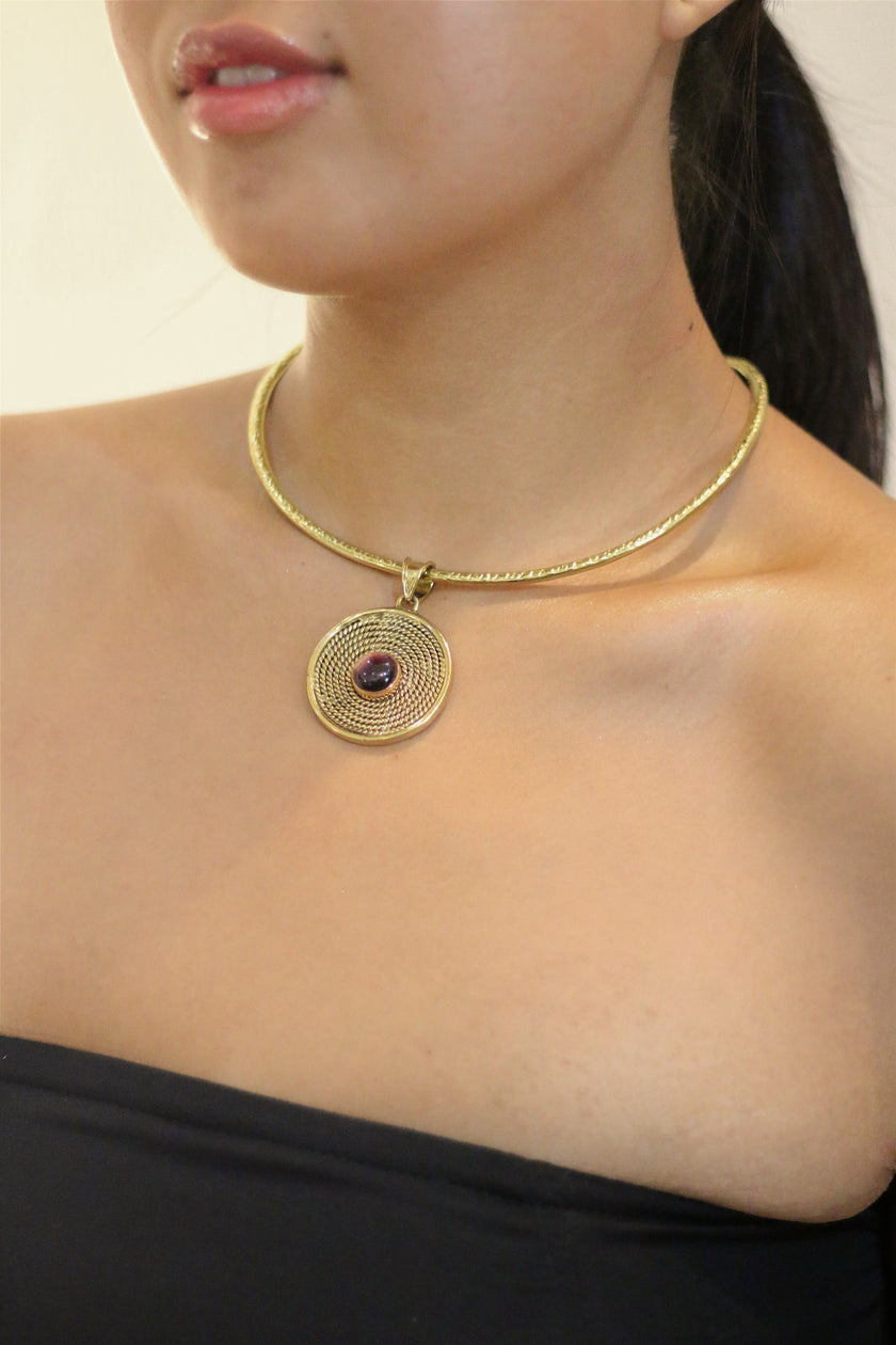 Purple Tiger Eye With Gold Brass Rope Circle Choker Necklace