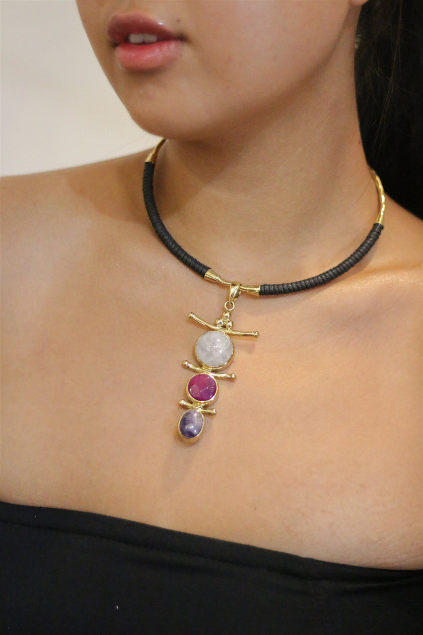 3 Gemstone with Black Brass Choker Necklace