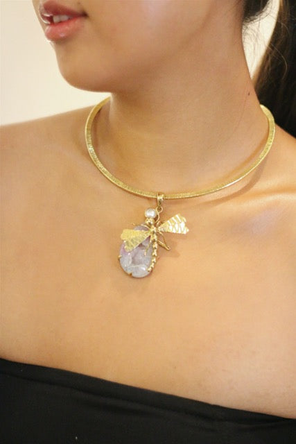 Dragonfly Fresh Water Pearl & Rainbow Agate Druzy With Gold Brass Necklace