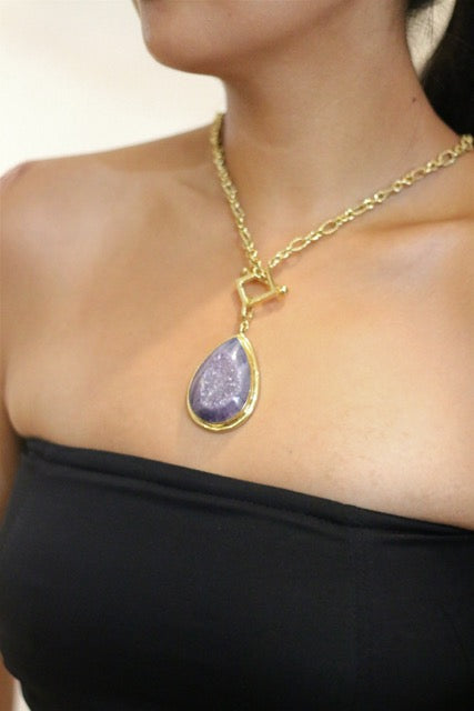 Purple Agate Druzy With Chain Rope Brass Choker Necklace
