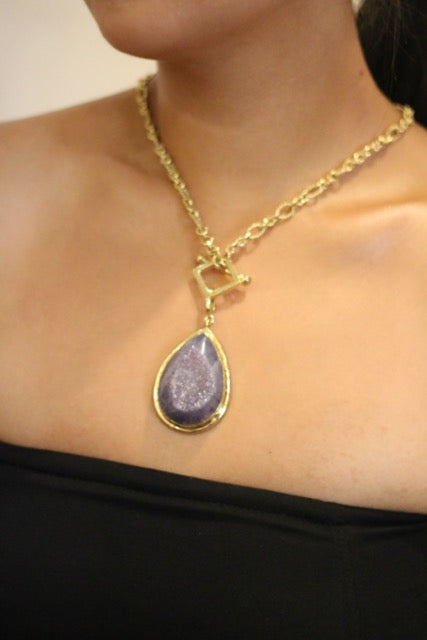 Purple Agate Druzy With Chain Rope Brass Choker Necklace