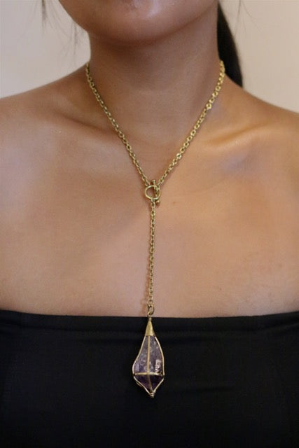 Hanging Citrine Raw Cage Brass Chain Necklace