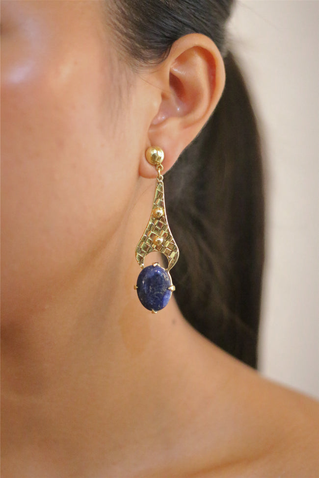 Lapis Lazuli Eiffel Tower Stud Gold Brass Earrings