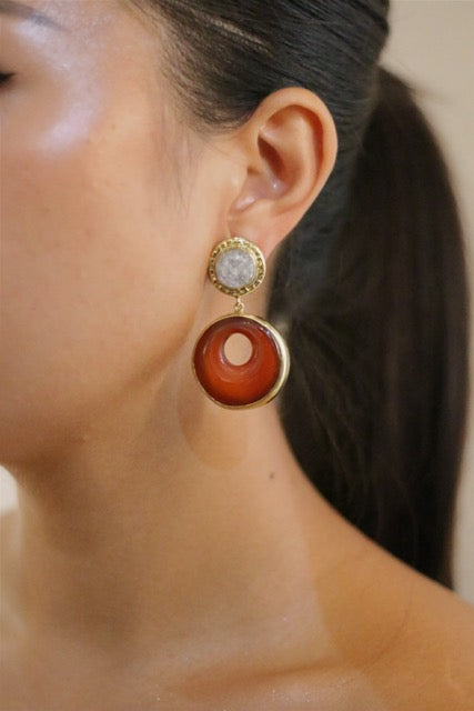 Carnelian Donut & Natural Druzy Quartz With Gold Brass Stud Earrings