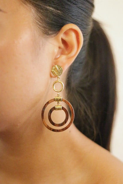 Double Circle Sacred Ebony  Wood Stud Gold Earrings