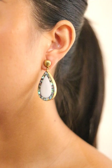 Paua Shell & Mother Of Pearl Tear Drop Stud Gold Brass Earrings