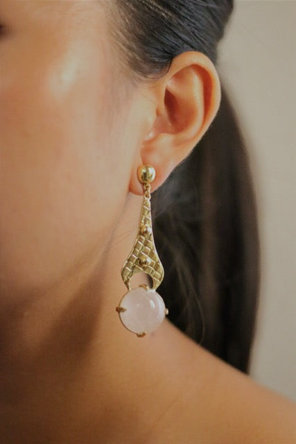 Rose Quartz Eiffel Tower Stud Gold Brass Earrings