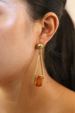 Square Brown Agate With Triangle Brass Earrings