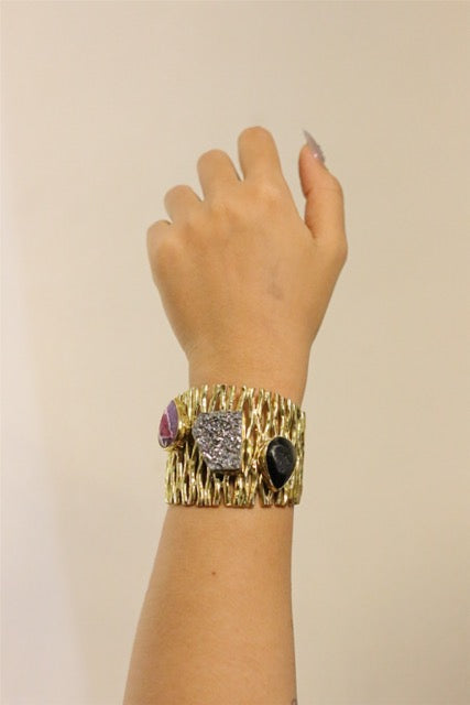 Pink Agate Druzy, Titanium Druzy Quartz, Black Onyx Bamboo Gold Brass Bangle