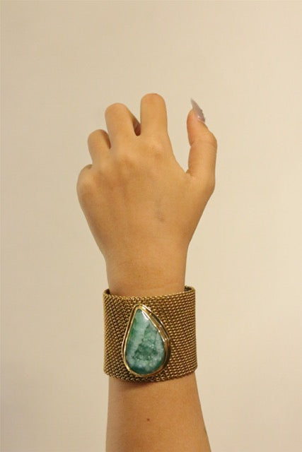 Green Agate Druzy Classic Woven Gold Brass Bangle