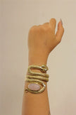 Rose Quartz Snake Hammered Gold Brass Bangle