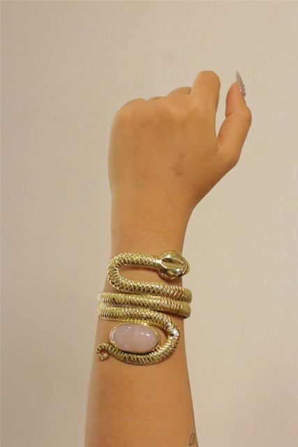 Rose Quartz Snake Hammered Gold Brass Bangle