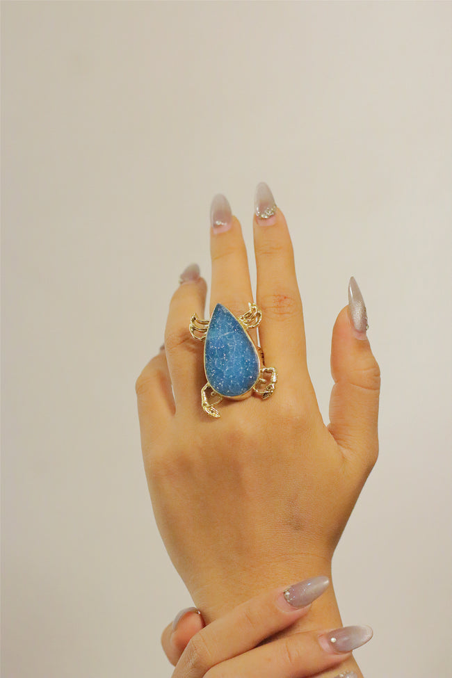 Sparkling Blue Druzy Quartz Crab Gold Brass Ring