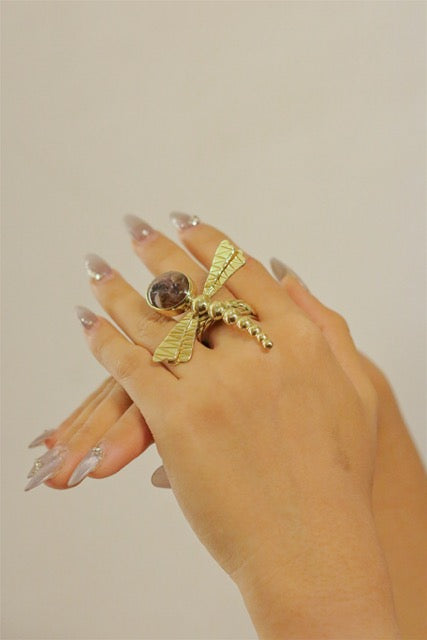 Black Agate Druzy Dragonfly Gold Brass  Ring