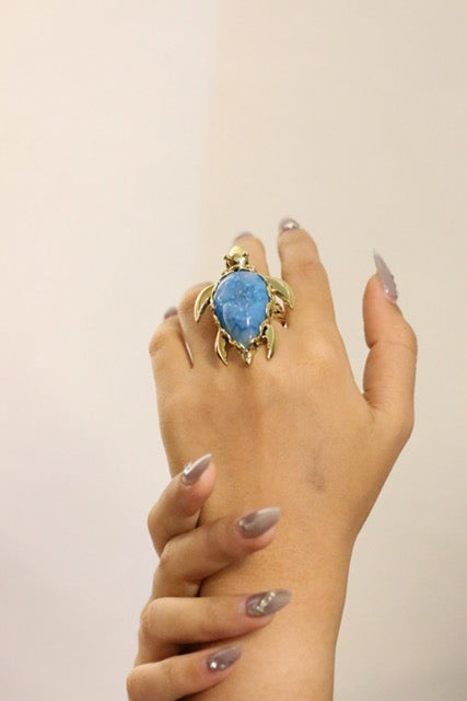 Blue Agate Druzy Turtle Gold Brass Woven Ring