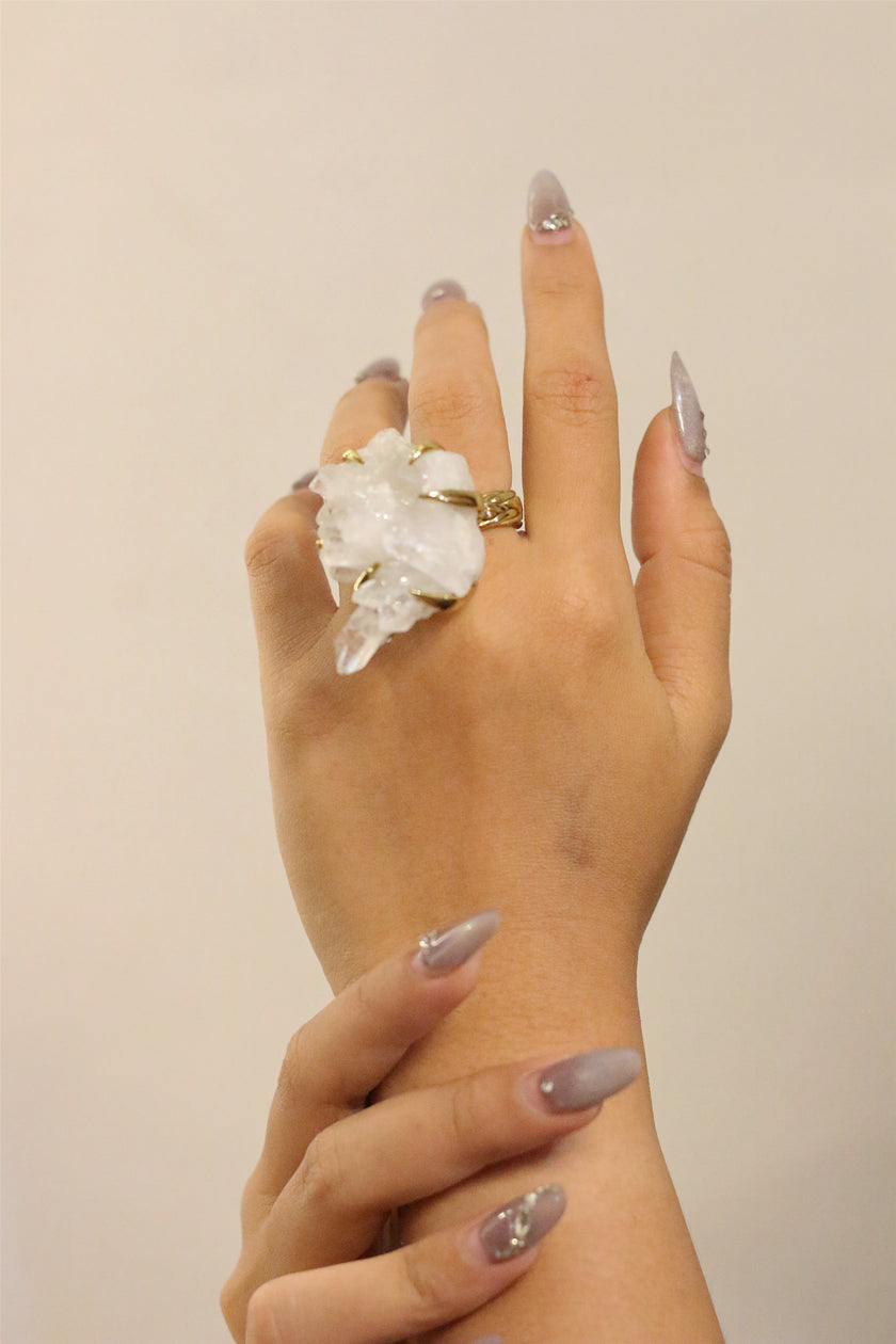 Crystal Cluster Woven Gold Brass Ring