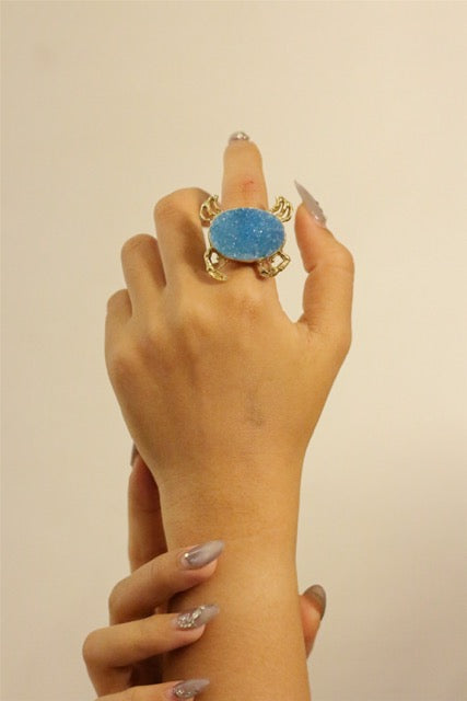 Sparkling Blue Druzy Quartz Crab Gold Brass Ring