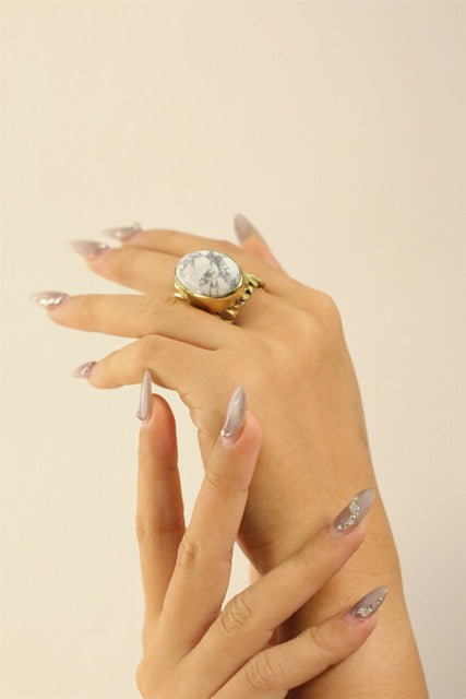 White Howlite  With Bamboo Gold Brass Ring