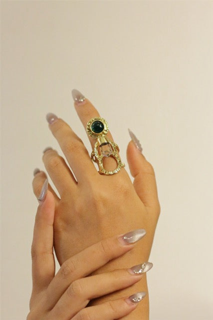 Infinity Green Agate & Clear Crystal Pointy With Gold Brass Ring