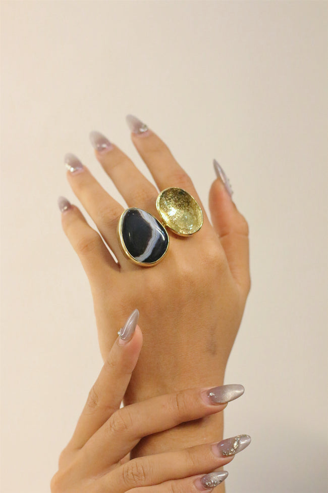 Black Lace Agate Eclipse Gold Brass Ring