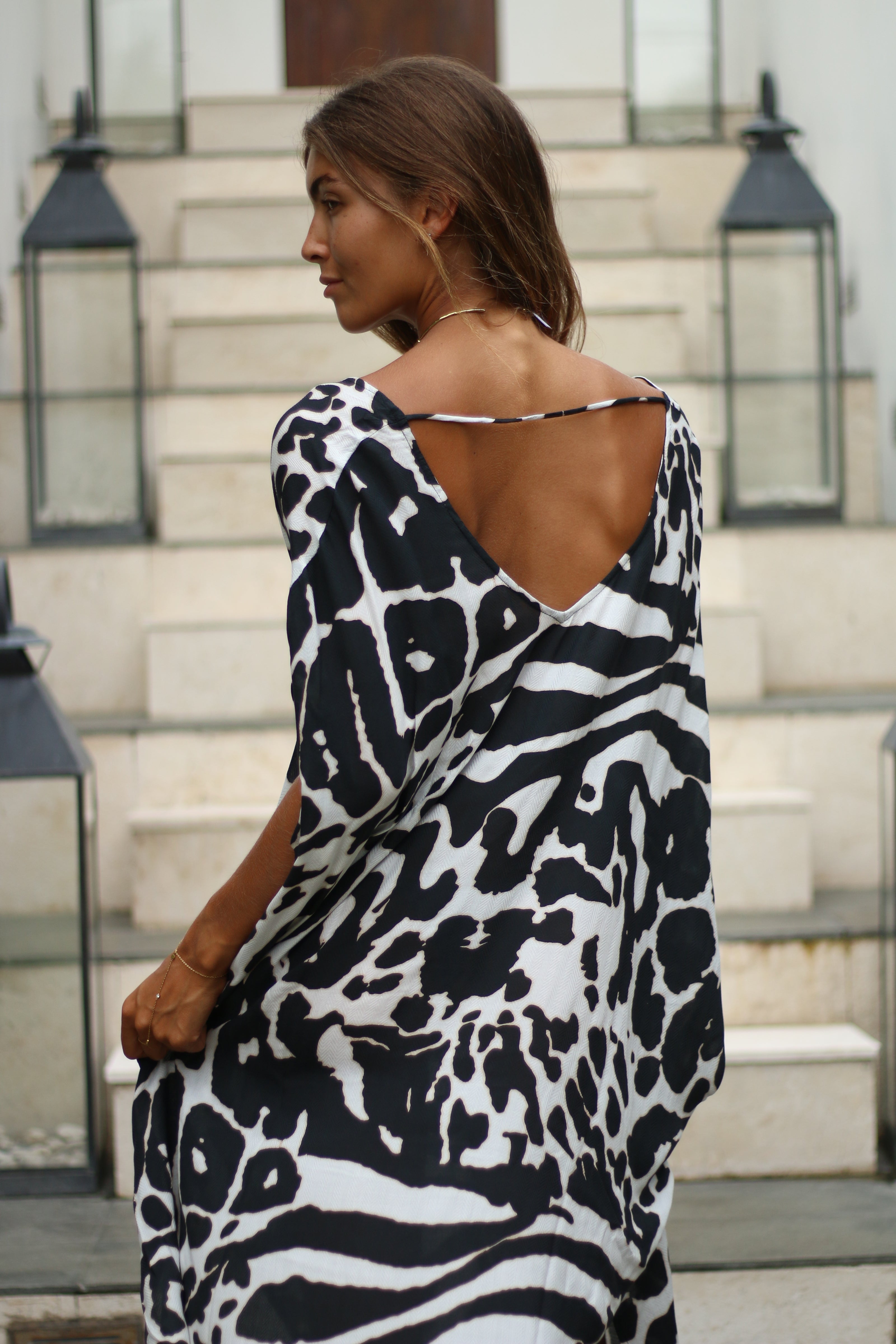 Black & White Abstract Kaftan Dress