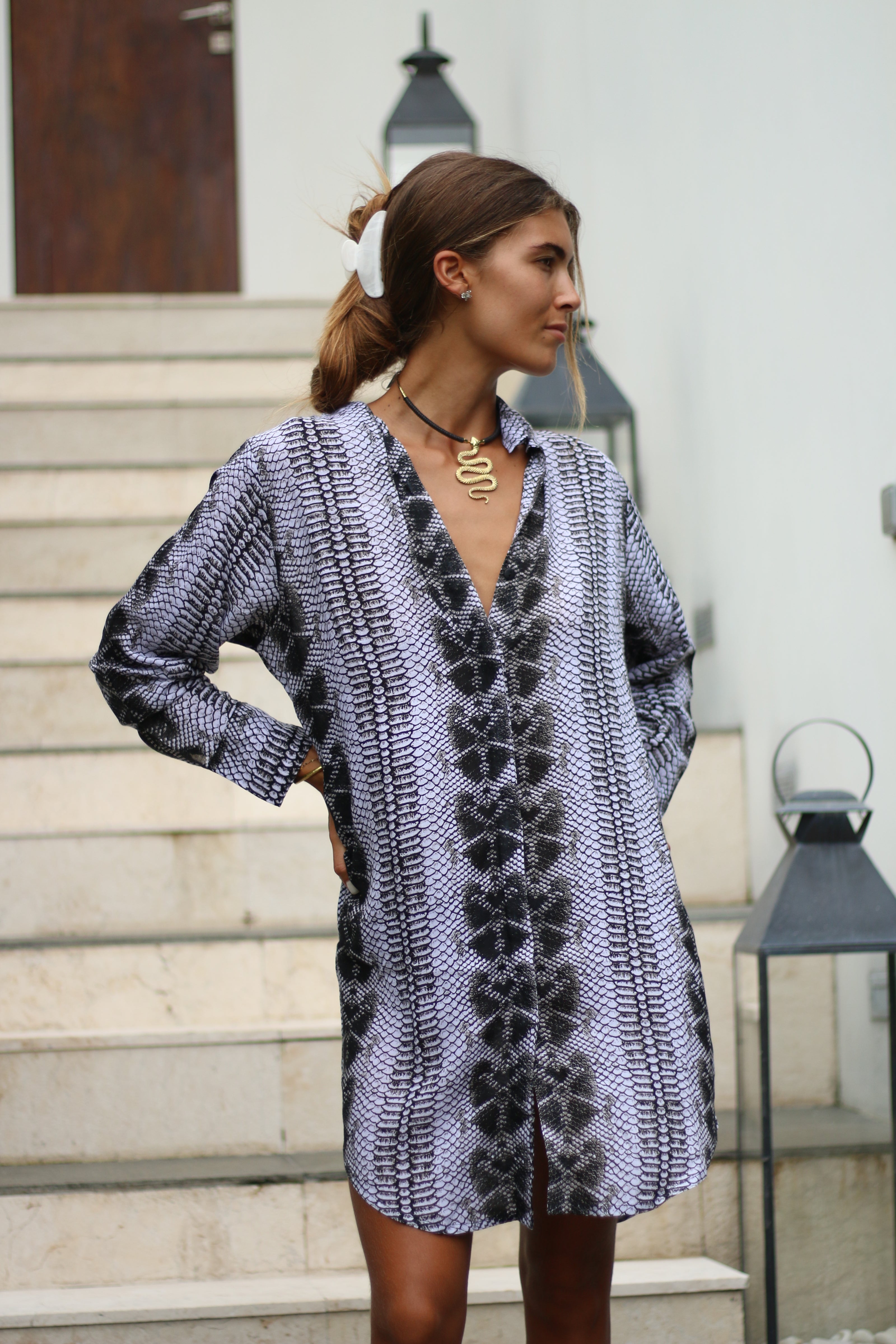 Snake Print Statement Shirt Dress
