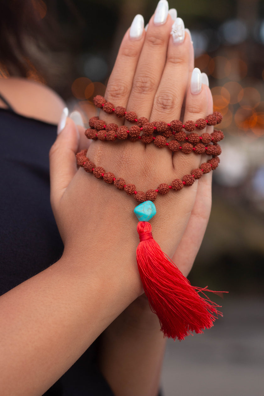 Rudraksha and Turquoise Tassel Mala